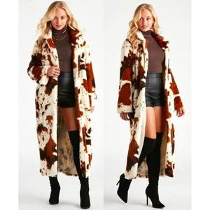 💥SHOWSTOPPER💥Premium Animal Print Longline Faux Fur Coat in Ivory & Brown